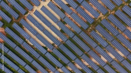 Top-down view of a large solar energy farm with rows of blue photovoltaic panels separated by dirt paths and green vegetation, generating renewable electricity