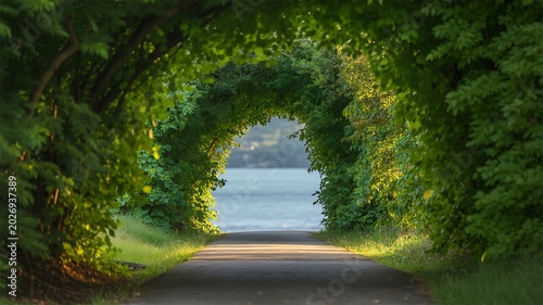 Tranquil pathway through a lush green tunnel of trees leading to a serene lake and bright sunlight.
