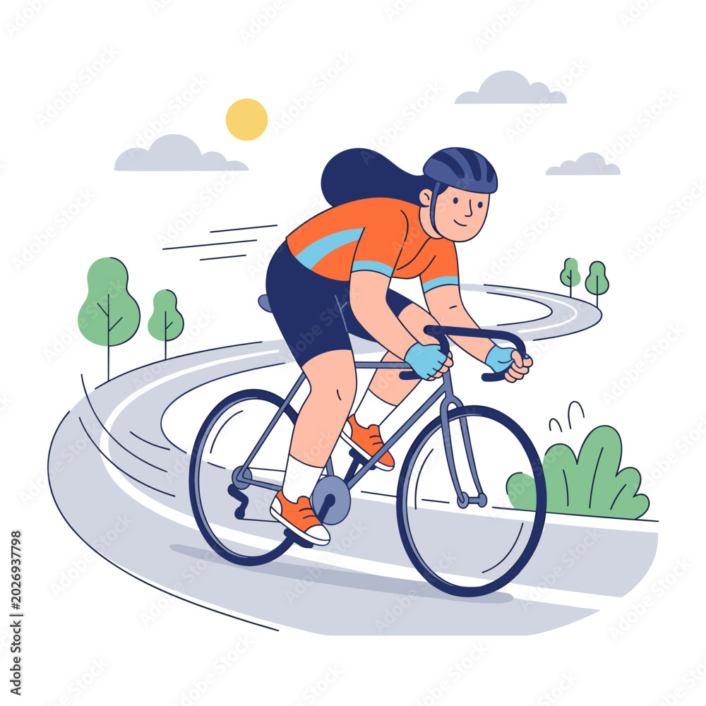 Obraz premium Woman Riding Bicycle on Winding Road. a woman with long dark hair wearing an orange shirt and blue shorts rides a bicycle on a winding road with trees and bushes. the sun shines in the sky with clouds