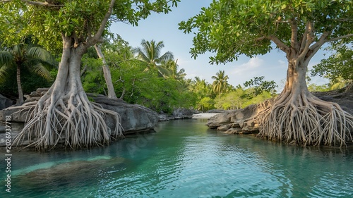 Tranquil scene of a river flowing between two massive trees with exposed roots in a tropical paradise