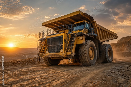 Large Yellow Industrial Haul Truck Working in an Open Pit Mine During Sunset Golden Hour Heavy Machinery for Extraction and Transport in Mining Site
