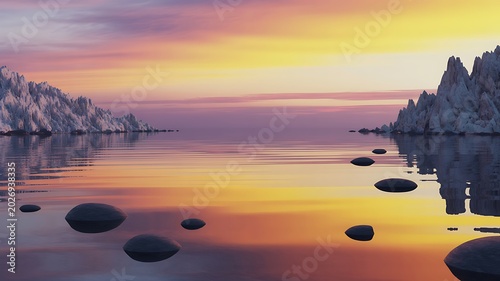 Tranquil scenery of a serene lake with mountainous islands under a vibrant sunset sky reflecting peaceful stillness.