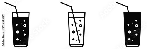 Quadro su tela Three glass icons with straws and bubbles in black and white vector illustration