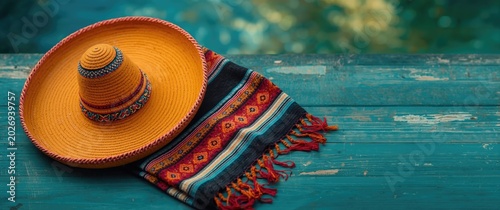 Bright traditional Mexican sombrero paired with colorful woven poncho on weathered wooden surface featuring blurred blue and green background