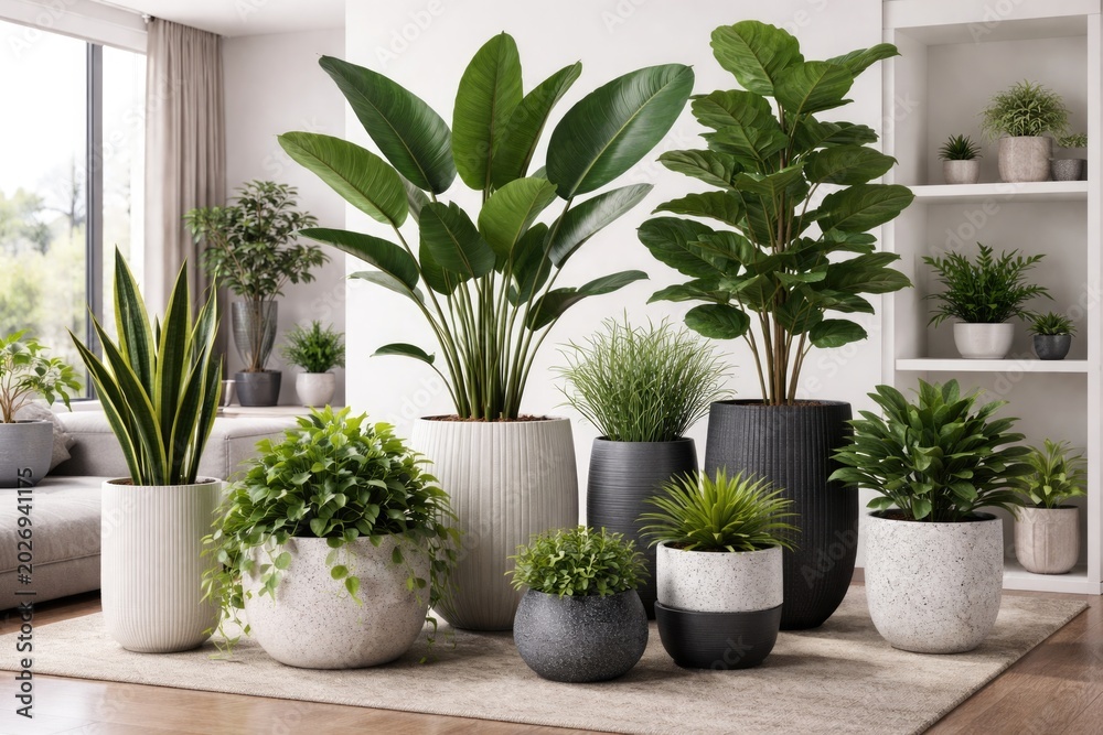 Fototapeta premium Modern pot displays with artificial plants enhancing yearlong natural beauty for office and home decoration
