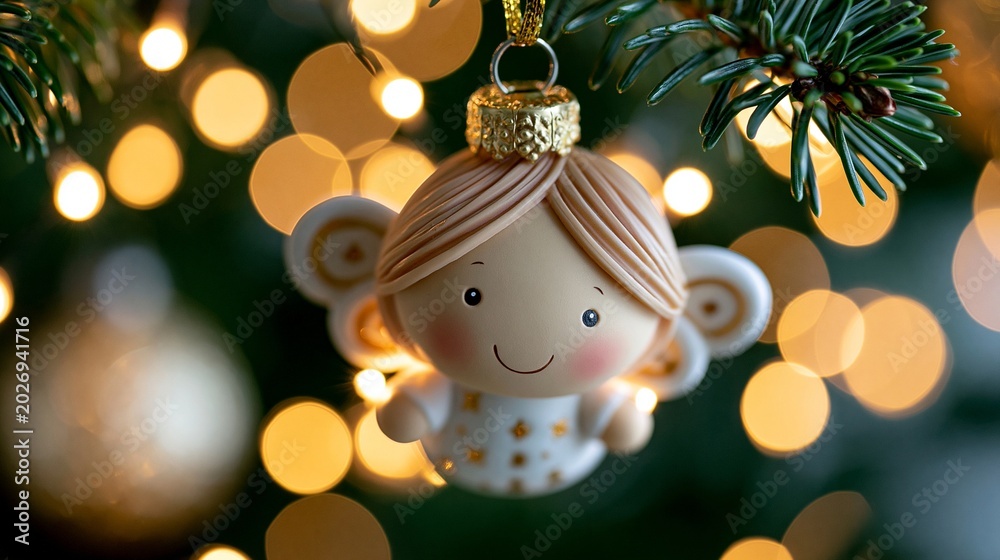 Obraz premium Eine süße Engelfigur als Weihnachtskugel mit lächelndem Gesicht hängt an einem Tannenzweig vor goldenem Bokeh-Hintergrund.