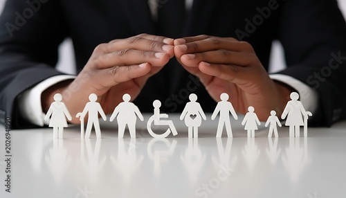 Business person hands protecting diverse group of people figures