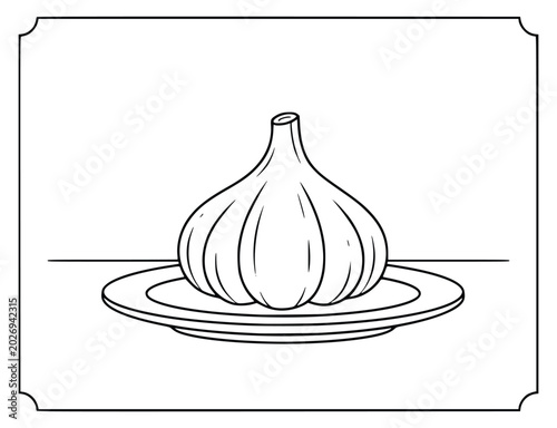Garlic coloring book page with a whole bulb on a plate within a frame