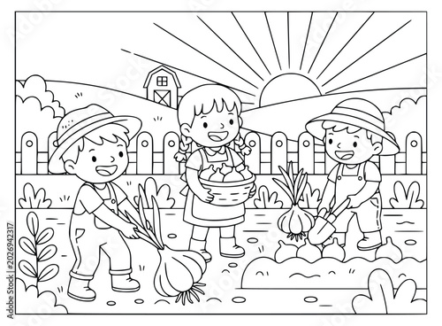 Garlic coloring book page with children harvesting in a farm garden