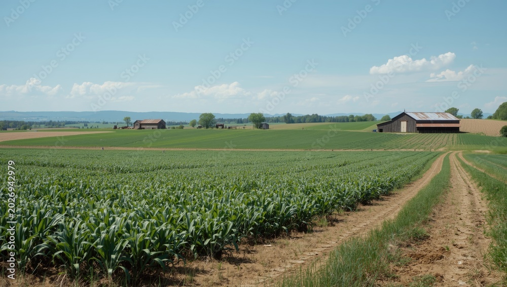 Fototapeta premium A productive cultivated field with faraway barns and farm equipment