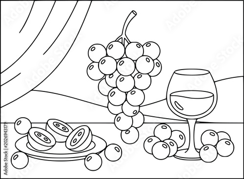 Grapes coloring book page with a fresh bunch, juice glass, and sliced fruit