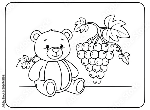 Grapes coloring book page with a cute teddy bear and a bunch of fruit