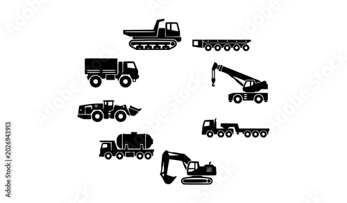 Canvas Print Modern heavy industrial transport silhouette icon collection with tracked and wh