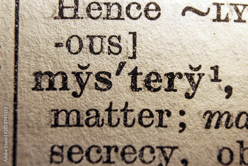 Word mystery on dictionary page, macro close up