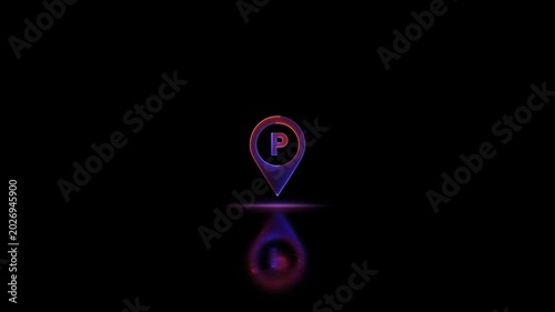 Neon glowing Parking Icon Pin Marker video animation on black background. Parking location, icon of parking location animation. Neon car, cycle, truck, motorcycle, zeep parking sign video animation.