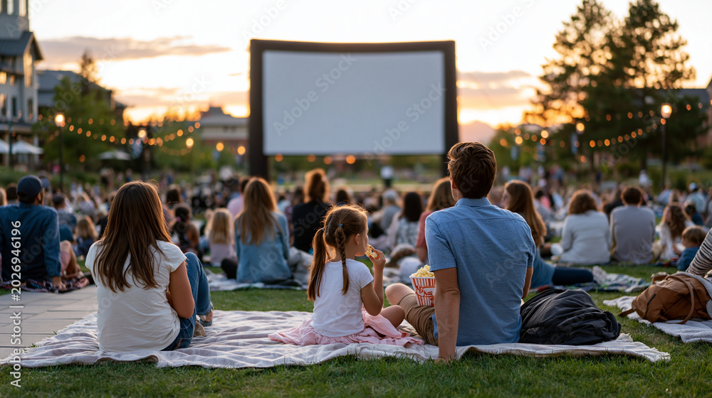 Fototapeta premium Twilight outdoor cinema event with families on blankets facing inflatable screen in municipal park, warm dusk sky behind, children eating popcorn, adults reclined, summer evening community gathering