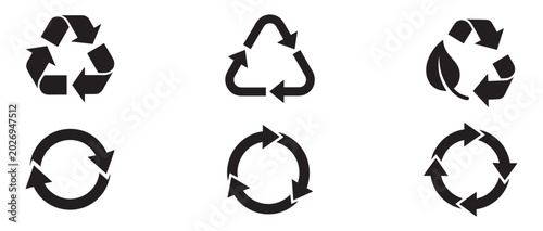 Recycle vector icon set. Arrows, heart and leaf recycle eco green symbol. Rounded angles. Recycled signs illustration isolated on white background. Recycling arrow ecofriendly. Vector Illustration.