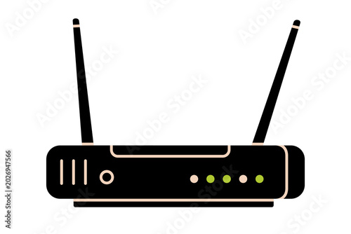 Hand drawn illustration of wireless router. Flat vector home office device doodle. Wi-fi hotspot broadcaster. Internet connection hardware icon. Traffic directing transmitter. Isolated.