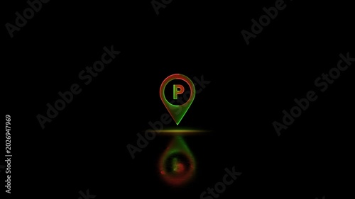 Neon glowing Parking Icon Pin Marker video animation on black background. Parking location, icon of parking location animation. Neon car, cycle, truck, motorcycle, zeep parking sign video animation.