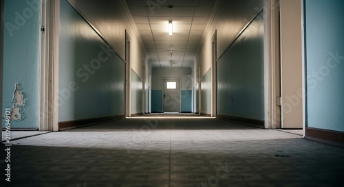 Abandoned hospital corridor with peeling paint and dim lighting evoking a sense of neglect and eeriness in a long deserted hallway