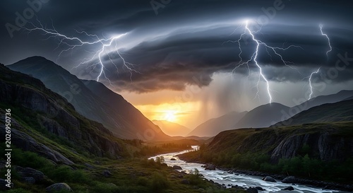 Dramatic landscape with lightning storm over mountains and river at sunset