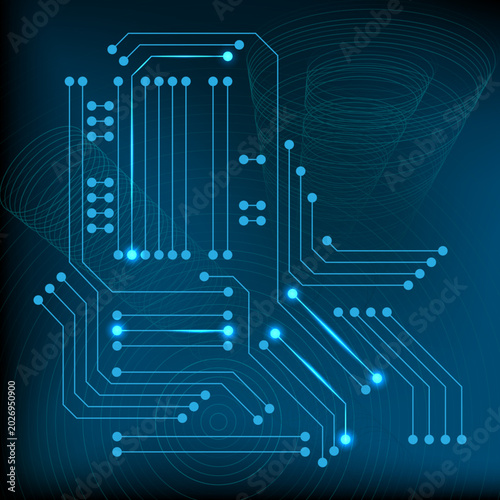 Obraz na plátně Printed circuit board vector schematic with glowing microchip nodes, conducting tracks, integrated hardware architecture