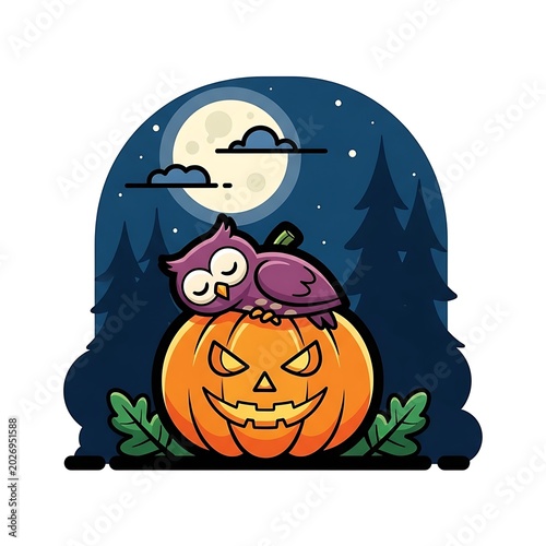 Spooky owl rests on carved pumpkin under a full moon, dark forest backdrop