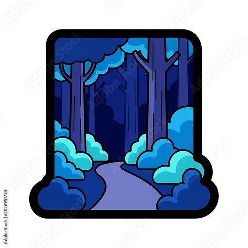 Stylized dark forest path with abstract trees and bushes