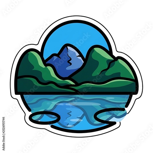 Stylized mountain range reflected in calm, clear waters under a bright sky
