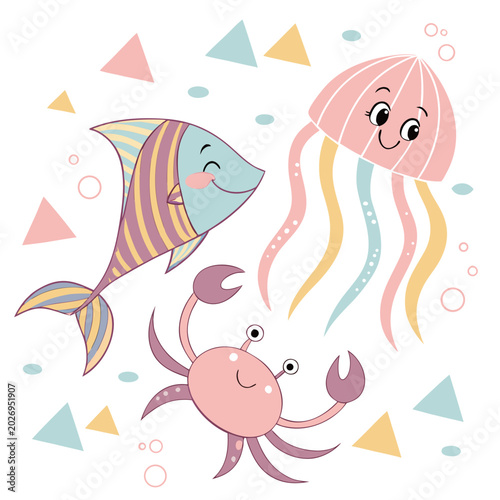 Photography Cute cartoon sea creatures set fish jellyfish crab with jellyfish, underwater