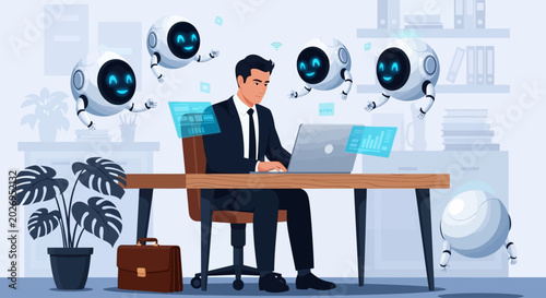 Fotografie Businessman working with laptops, robots, and office equipment, futuristic works