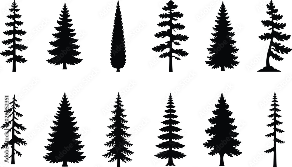 Fototapeta premium Pine tree silhouette vector set, fir tree vintage forest nature evergreen collection illustration