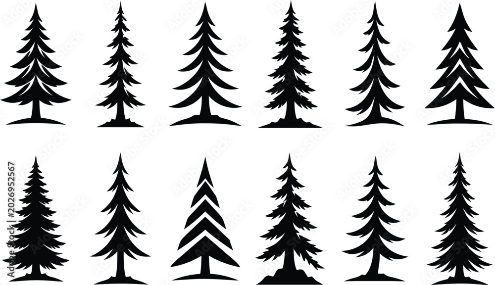 Obraz premium Pine tree silhouette vector set, fir tree vintage forest nature evergreen collection illustration