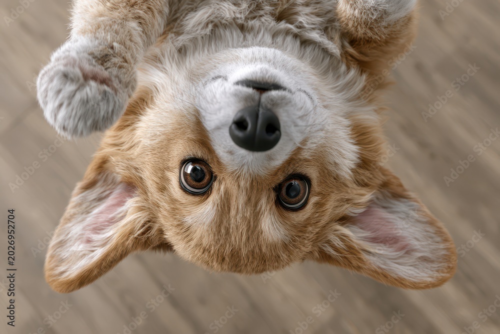 Obraz premium Adorable Corgi puppy looking up from an upside-down position with big expressive eyes and floppy ears.