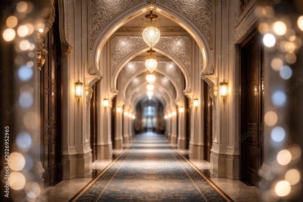 Obraz premium Cinematic upscale hotel corridor illuminated with cool bokeh featuring intricate white and gold Islamic arch decor background