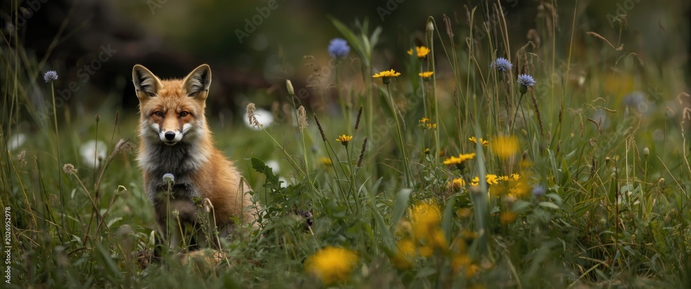 Fototapeta premium Alert Fox Sitting Among Wildflowers Woodland Setting, Soft Focus, Natural Environment