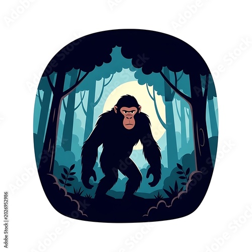 A shadowy primate stands in a moonlit, dark forest clearing