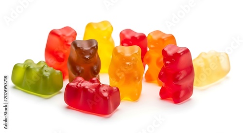 Assortment of colorful, translucent gummy bears on a white surface