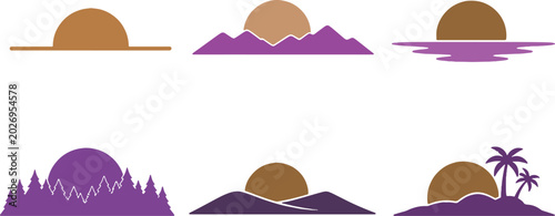 Sunset horizon silhouettes set mountain ocean forest desert island sun vector