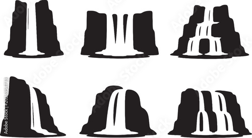 Waterfall silhouette set black vector cascade cliff jungle flowing water shapes