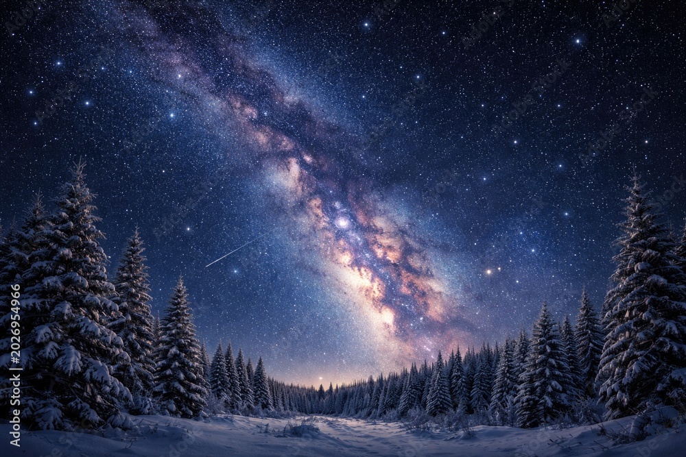 Obraz premium Winter clear sky filled with a vibrant milky way and twinkling stars in the cosmic space