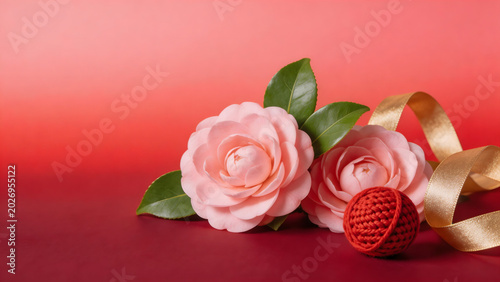 Pink flowers with green leaves and golden ribbon