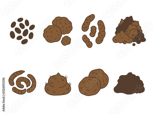 Photos A collection of various brown feces shapes and textures are displayed