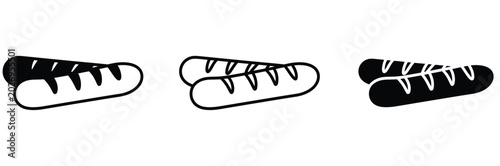 Three black and white hot dog icon variations on white background for food or menu design