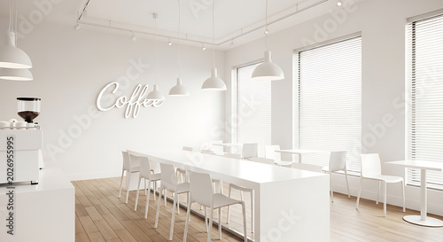 Minimalist coffee shop interior with white furniture and large windows