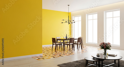Minimalist dining room with yellow accent wall, wooden table, and four chairs