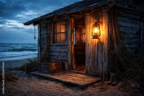 Weathered beach shack shining under classic miner lantern