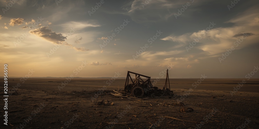 Fototapeta premium Abandoned Machinery in Desert Landscape Dusk Sky, Atmospheric Mood, Wide Shot