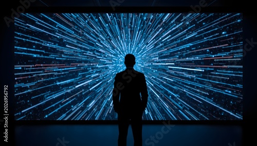 Executive Standing Before Giant Neural Network Display in Dark Office, AI Leadership Strategy and Innovation Concept