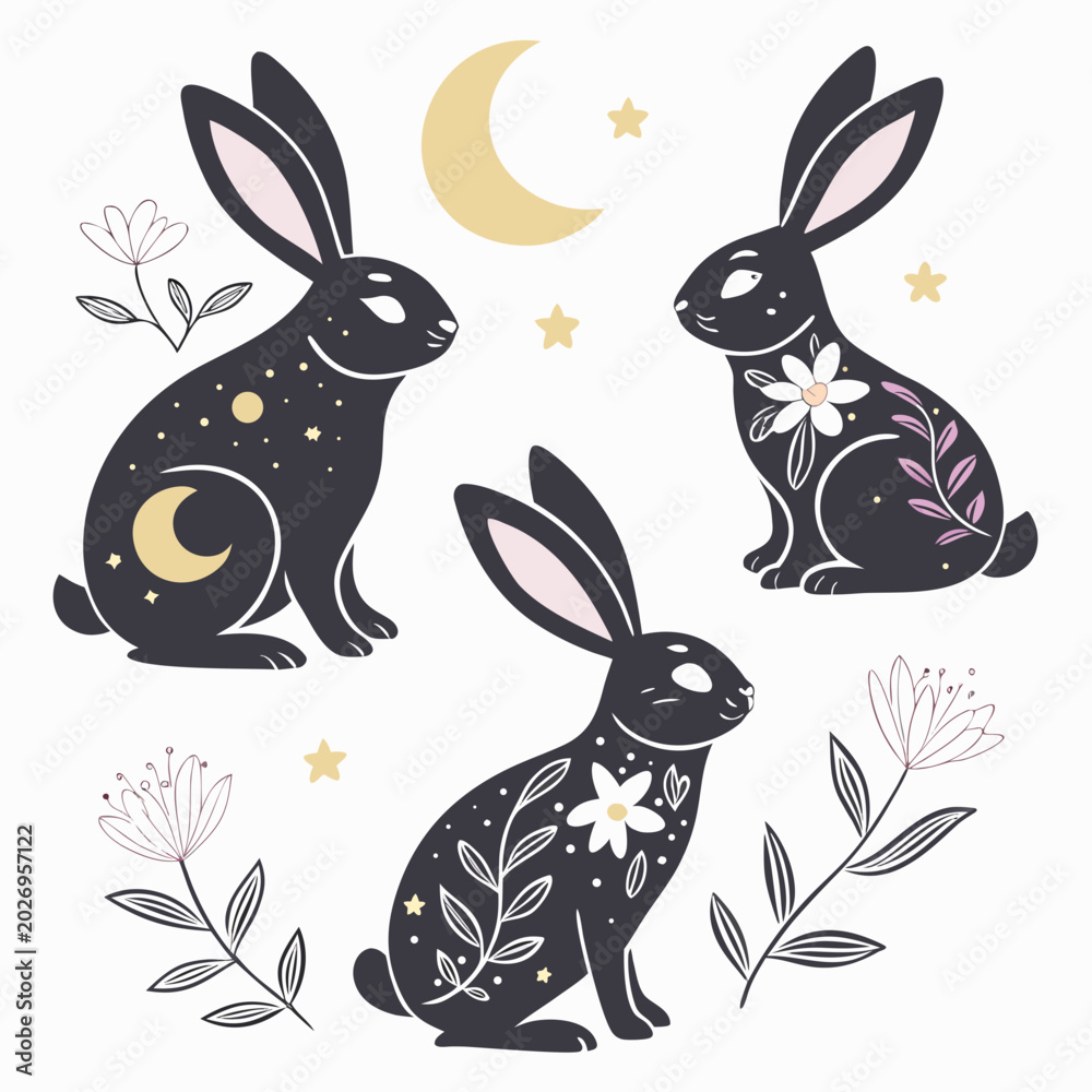 Fototapeta premium Celestial black rabbits with moon and floral folk art design, celestial